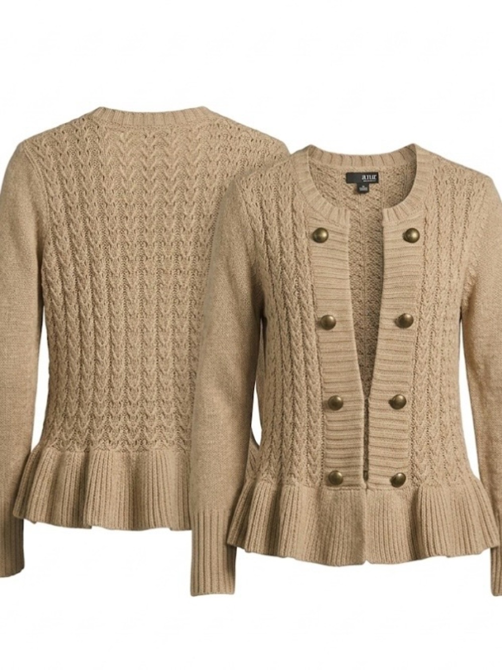 Vintage a.n.a. Peplum Cardigan Knit Sweater Tan Military Style Buttons L
